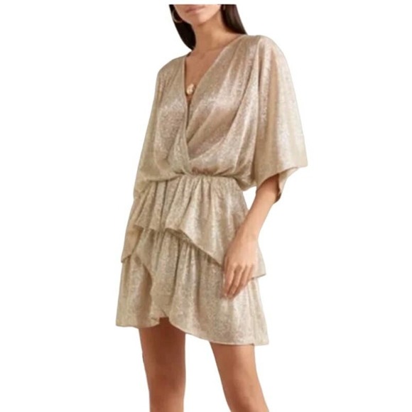 IRO Sheer Gold Wide Dress Mini Shimmering Tiered V-neck US 6 - Picture 1 of 12